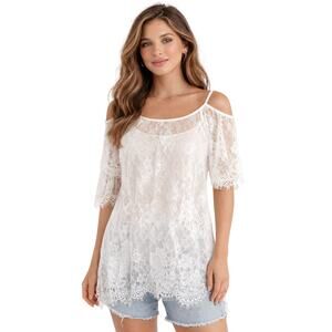 AvidLove White Lace Lingerie Chemise Slip/Top Cold Shoulder Sheer NWT M